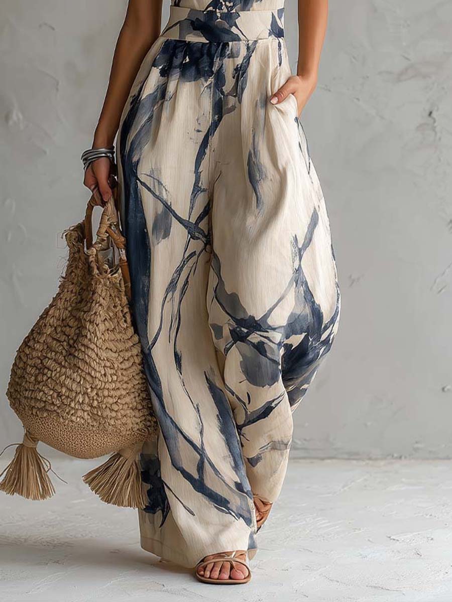 DAMARIS | Mono Palazzo Halter con Estampado Tinta y Bolsillos
