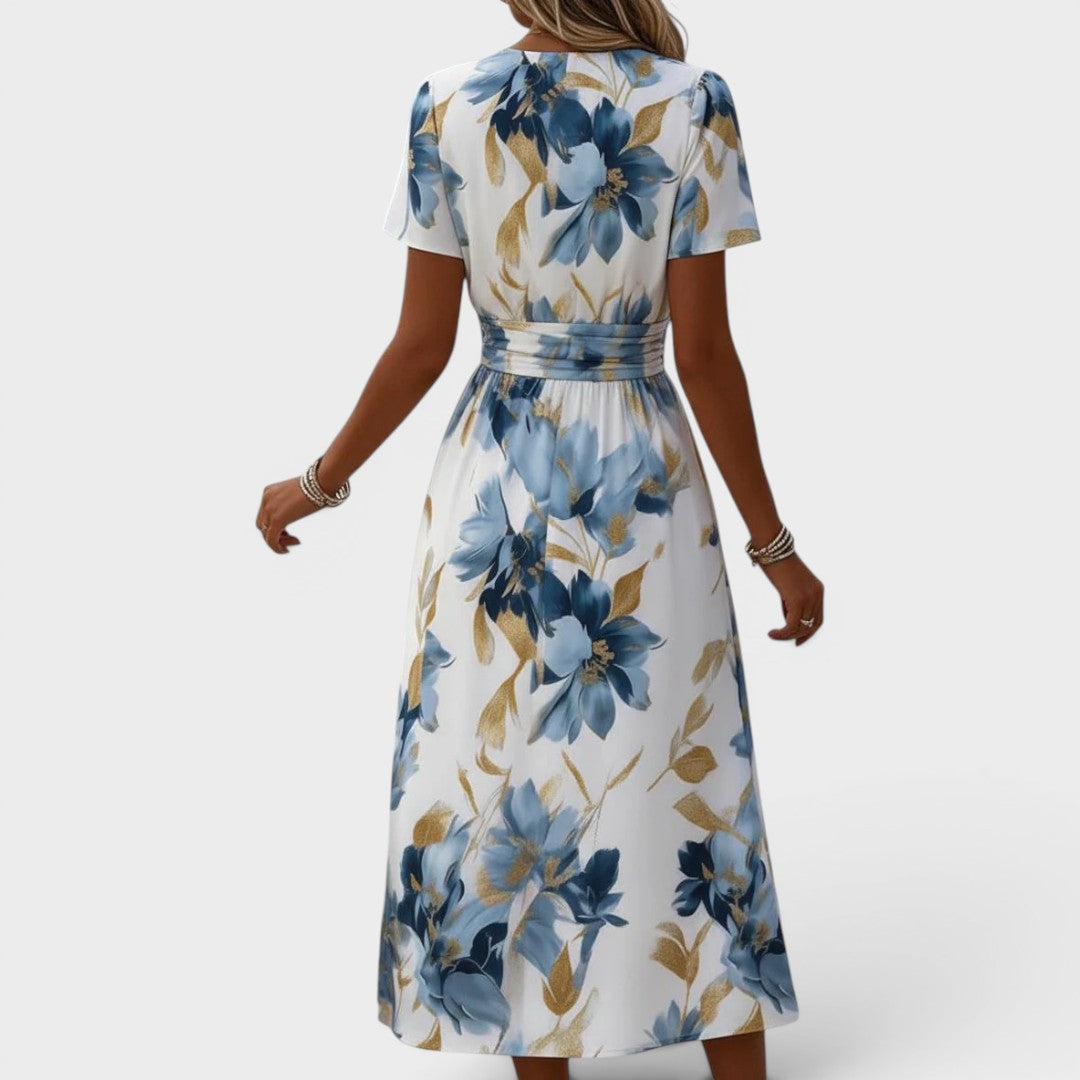 ELARA | Vestido Midi Cruzado Floral de Acuarela con Detalles Dorados