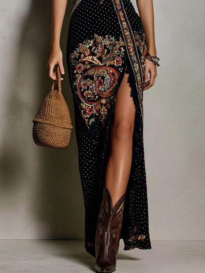 SOLEDAD | Vestido Bohemio Estampado con Escote en V y Abertura Alta