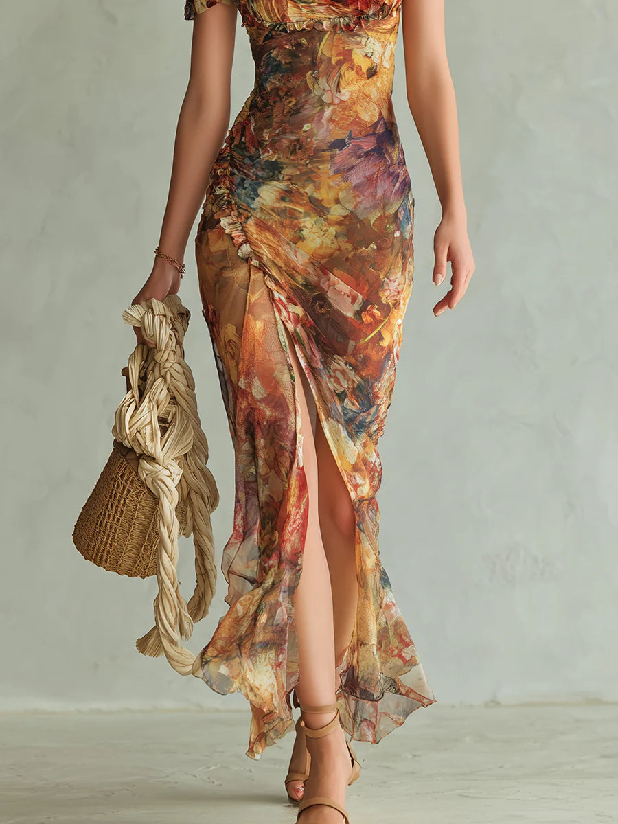 LARA | Vestido Maxi de Gasa con Estampado Óleo Bohemio