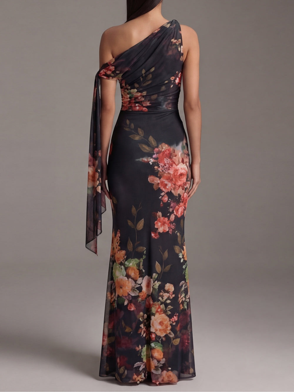 ARIADNA | Vestido Maxi Plisado de Gasa Negro con Un Hombro
