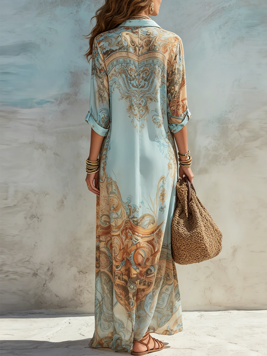 CATALINA | Vestido Maxi de Gasa Azul con Estampado Barroco