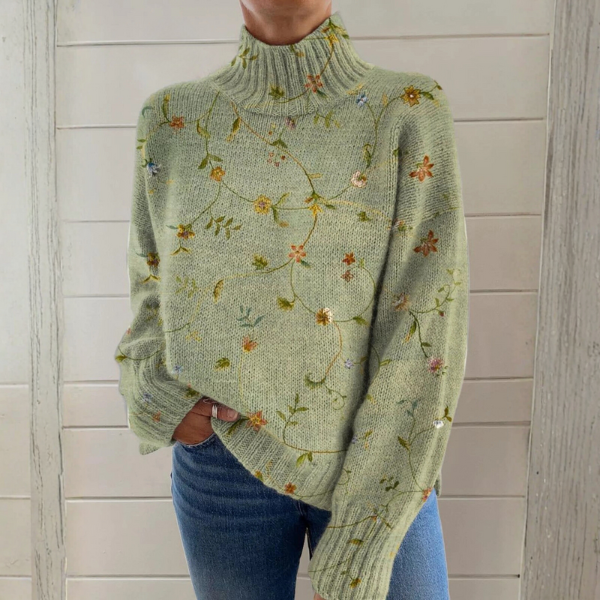 DELIA | Jersey Floral Bordado de Cuello Alto
