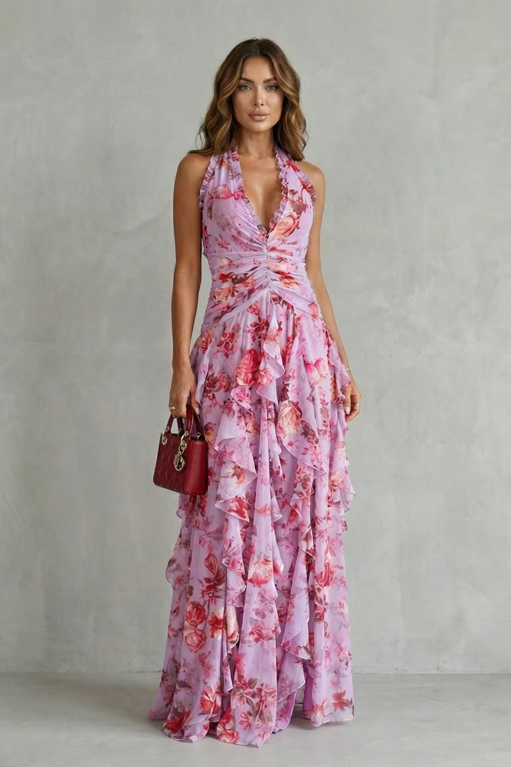 BELLADINA | Romántica Cascada de Rosas, Vestido Largo con Escote Americano