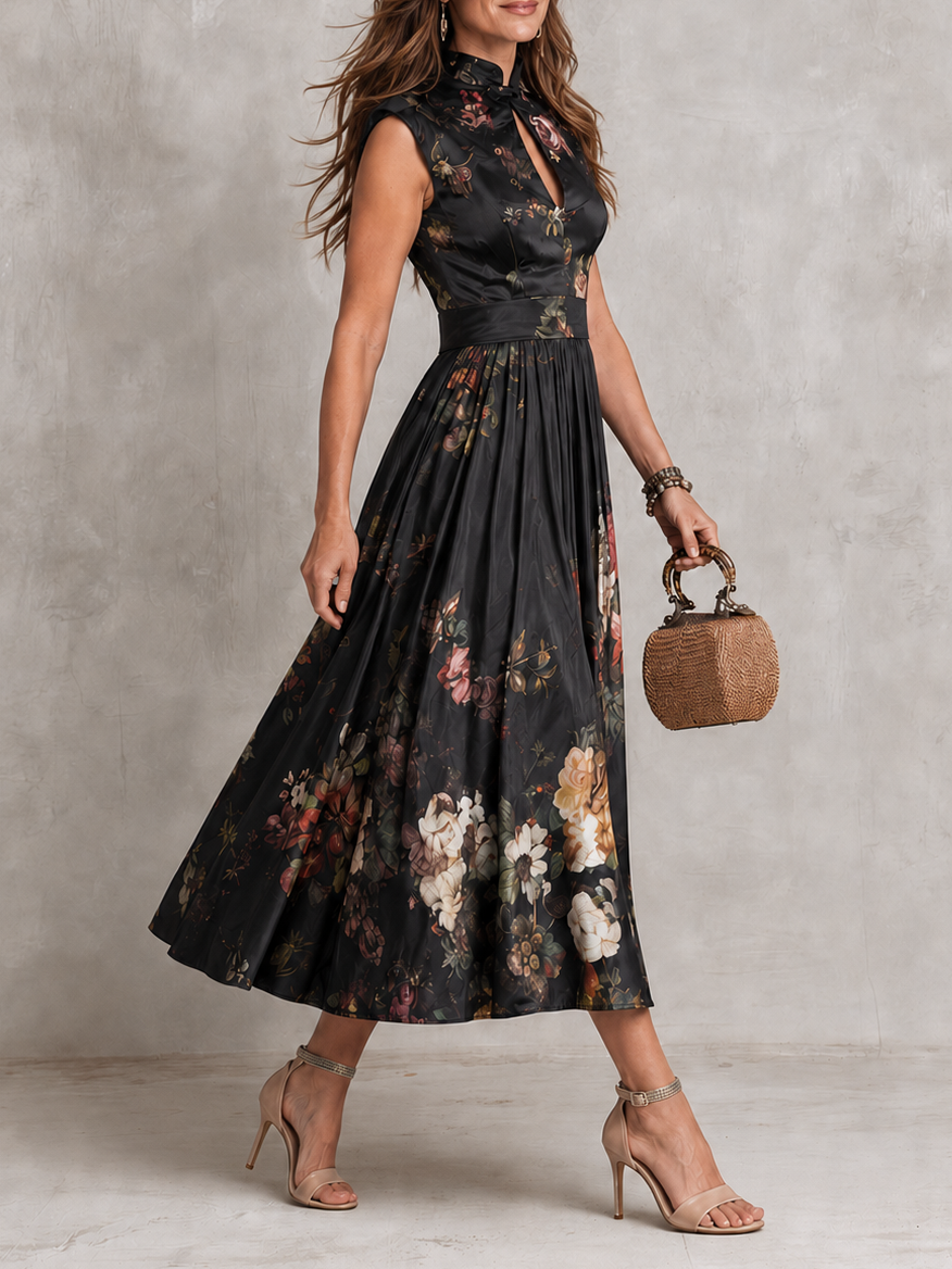 GLORIA | Vestido Midi de Satén Plisado con Escote Ojo de Cerradura