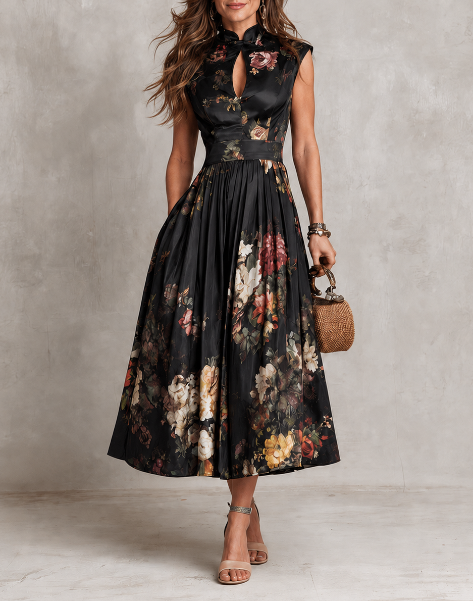 GLORIA | Vestido Midi de Satén Plisado con Escote Ojo de Cerradura