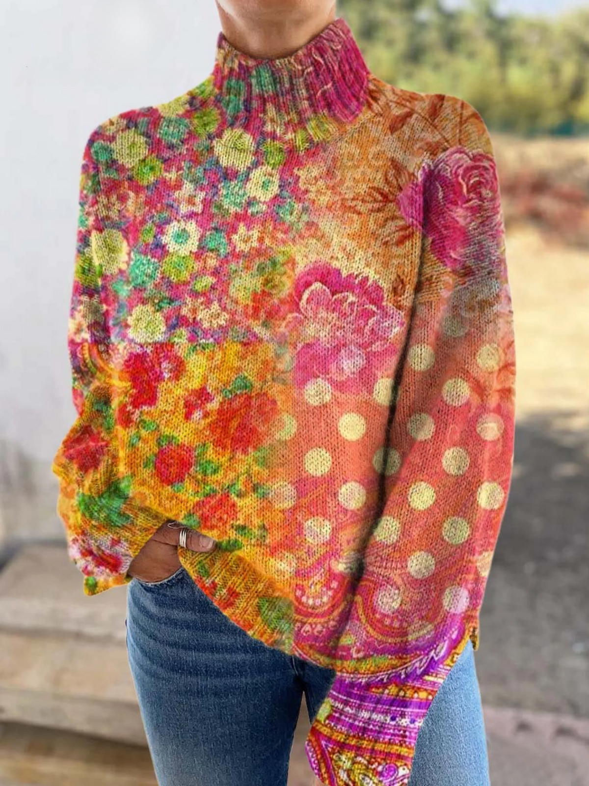 CASSANDRA | Jersey Floral de Cuello Semialto
