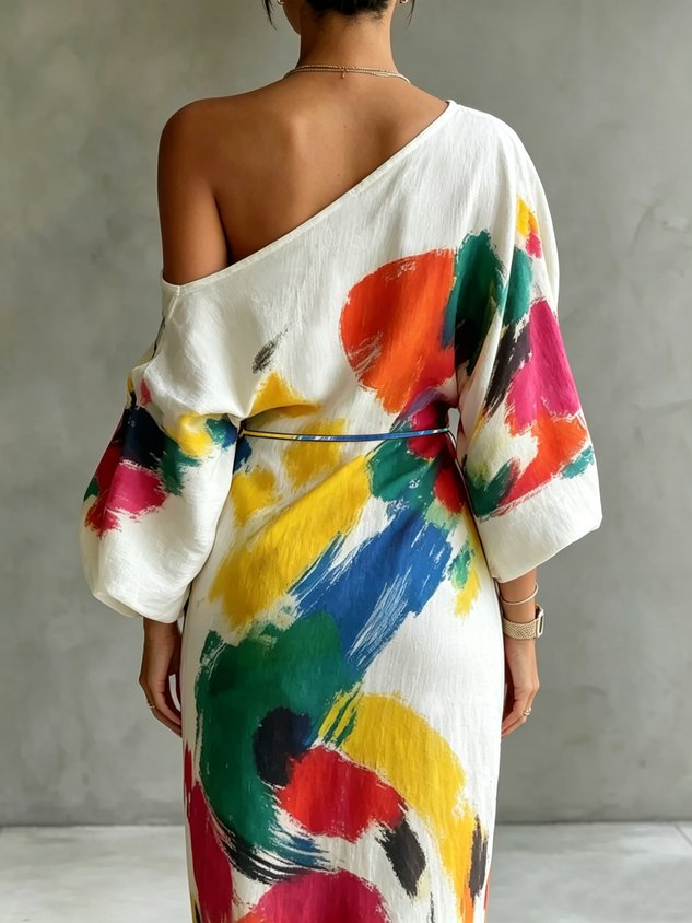 DANELLA | Vestido Maxi de Un Hombro con Estampado Abstracto