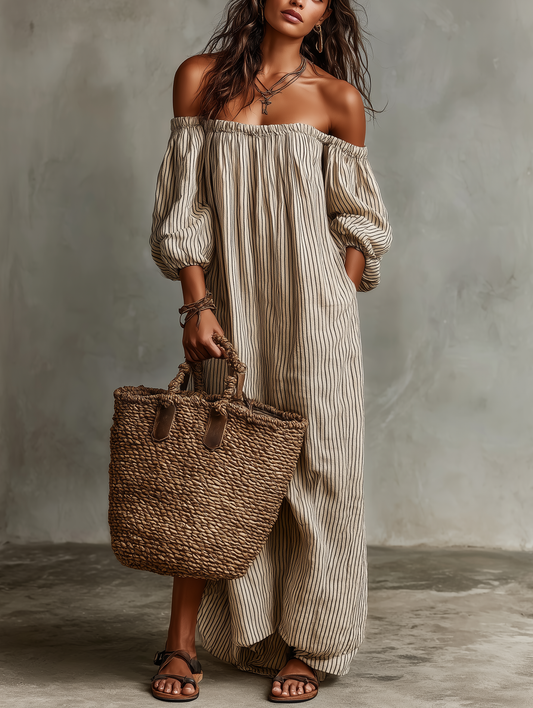 Carmen™ | Vestido Largo de Rayas con Hombros Descubiertos