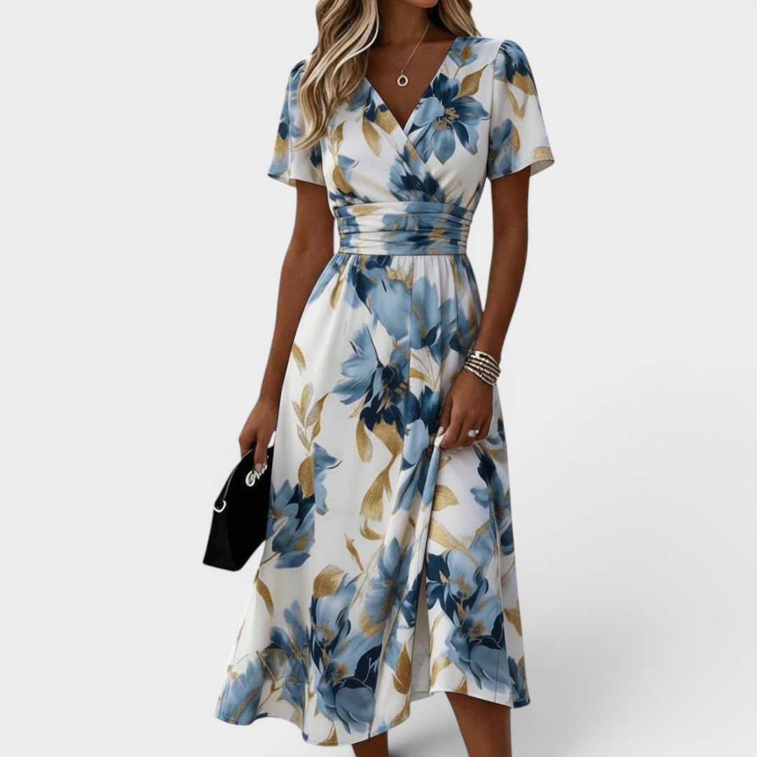 ELARA | Vestido Midi Cruzado Floral de Acuarela con Detalles Dorados