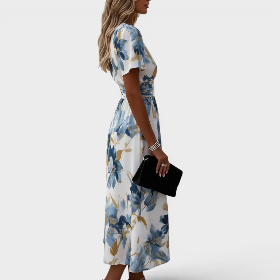 ELARA | Vestido Midi Cruzado Floral de Acuarela con Detalles Dorados
