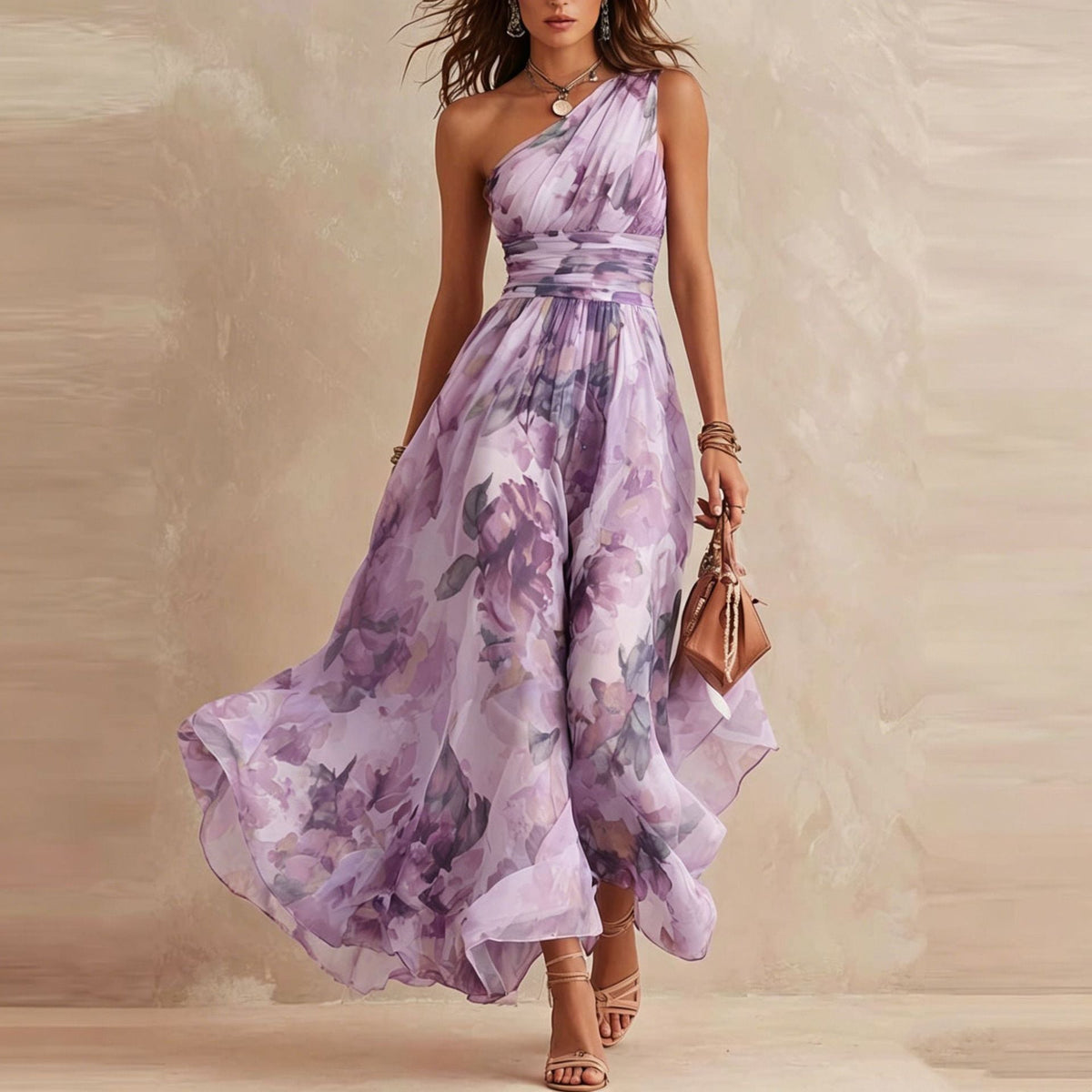 ANNALENA | Vestido Floral de Gasa con Un Hombro