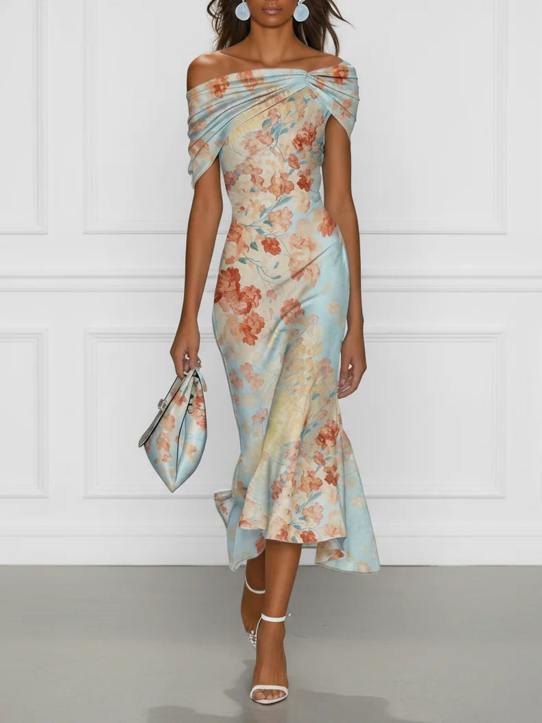 ELOWEN | Vestido Midi Sirena Floral con Hombros Descubiertos