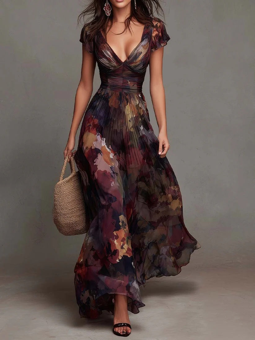 MARISOL | Vestido Maxi Floral Acuarela con Escote en V y Plisado