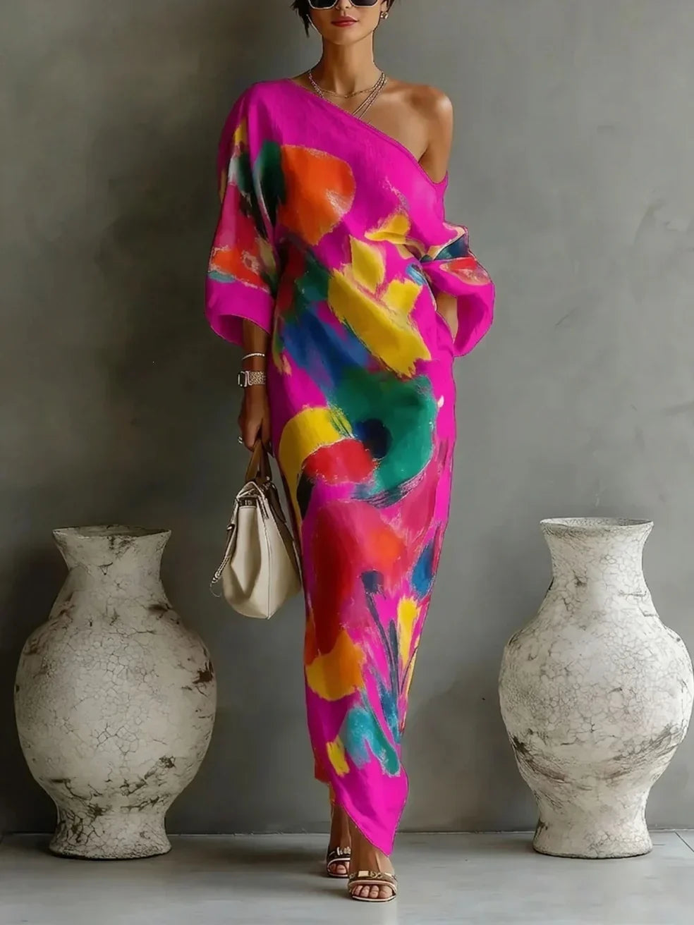 DANELLA | Vestido Maxi de Un Hombro con Estampado Abstracto