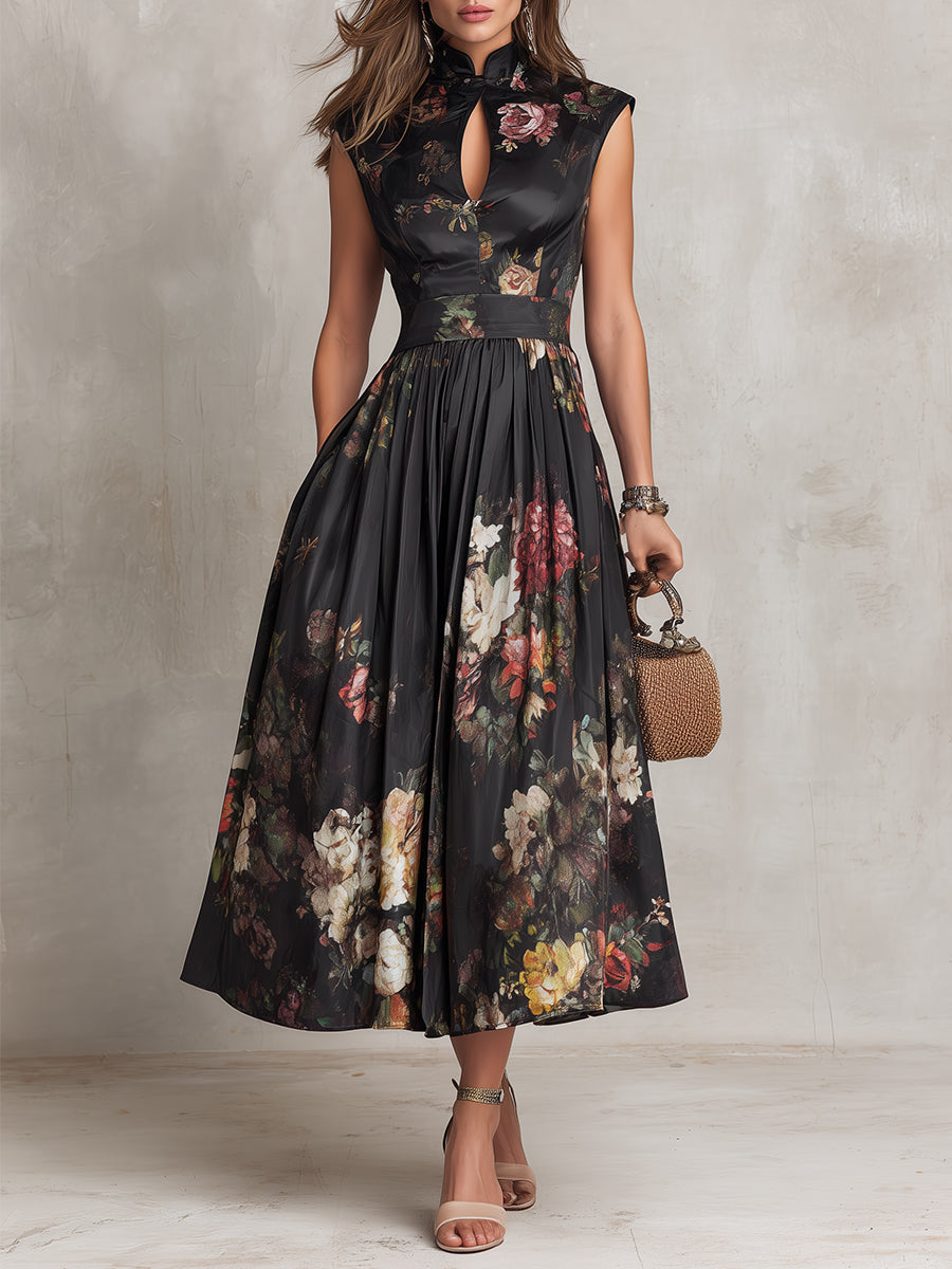 CELESTE | Vestido Midi Plisado Floral con Escote Ojo de Cerradura