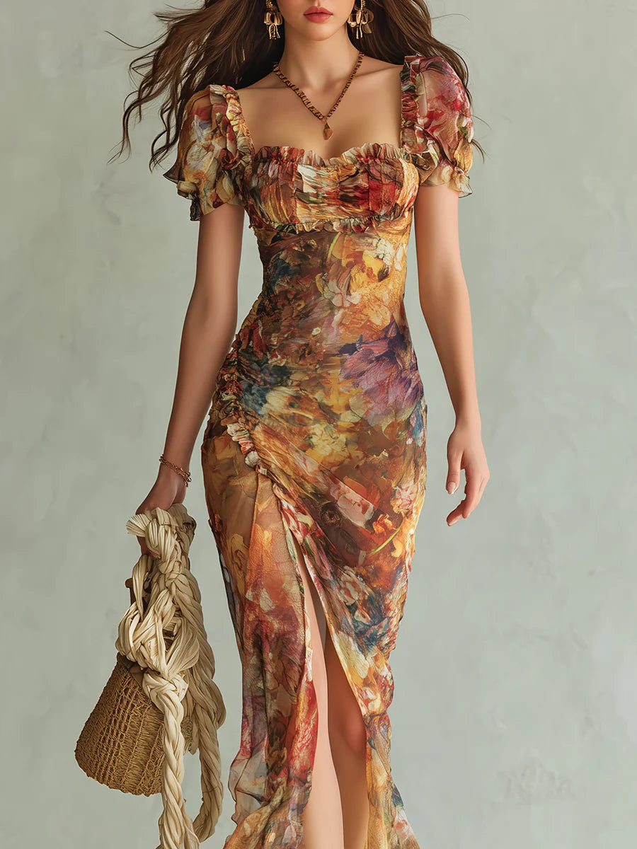 LARA | Vestido Maxi de Gasa con Estampado Óleo Bohemio