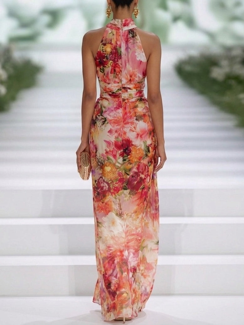 STACEY | Vestido Maxi Halter Floral de Gasa Rojo sin Mangas