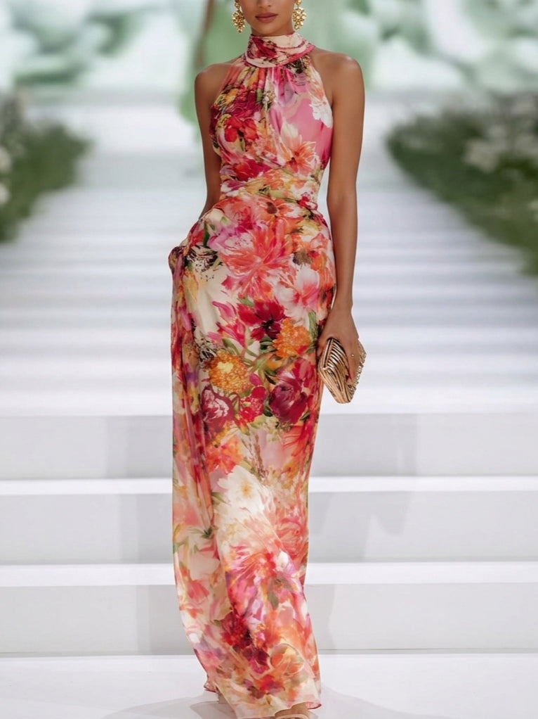 STACEY | Vestido Maxi Halter Floral de Gasa Rojo sin Mangas
