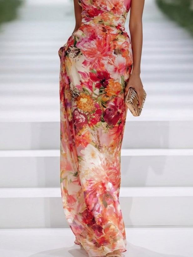 STACEY | Vestido Maxi Halter Floral de Gasa Rojo sin Mangas