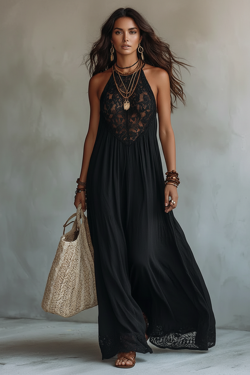 Filomena™ | Vestido Largo Halter con Encaje