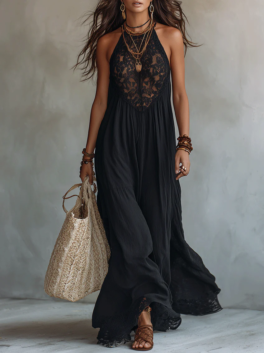 NEREA | Vestido Maxi Bohemio Negro con Ribete de Encaje