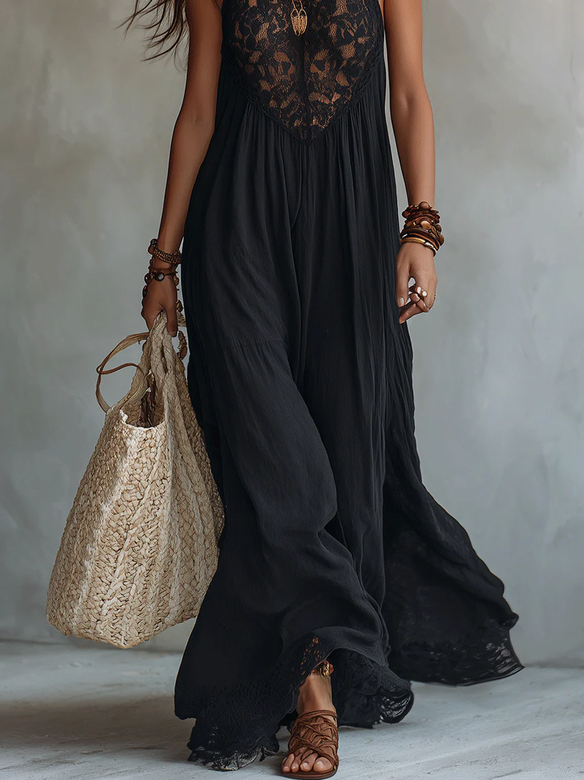 NEREA | Vestido Maxi Bohemio Negro con Ribete de Encaje