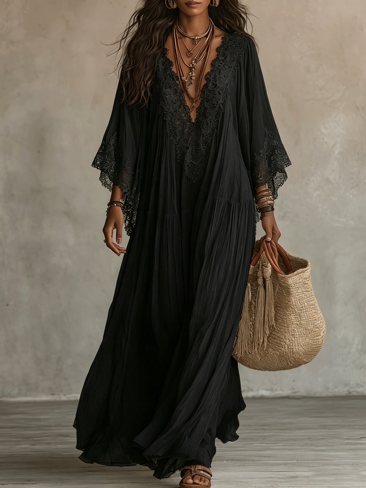 Celeste™ | Vestido Largo con Manga Murciélago y Encaje