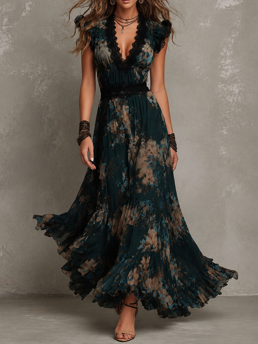 AMELIA | Vestido Maxi Floral de Volantes con Encaje