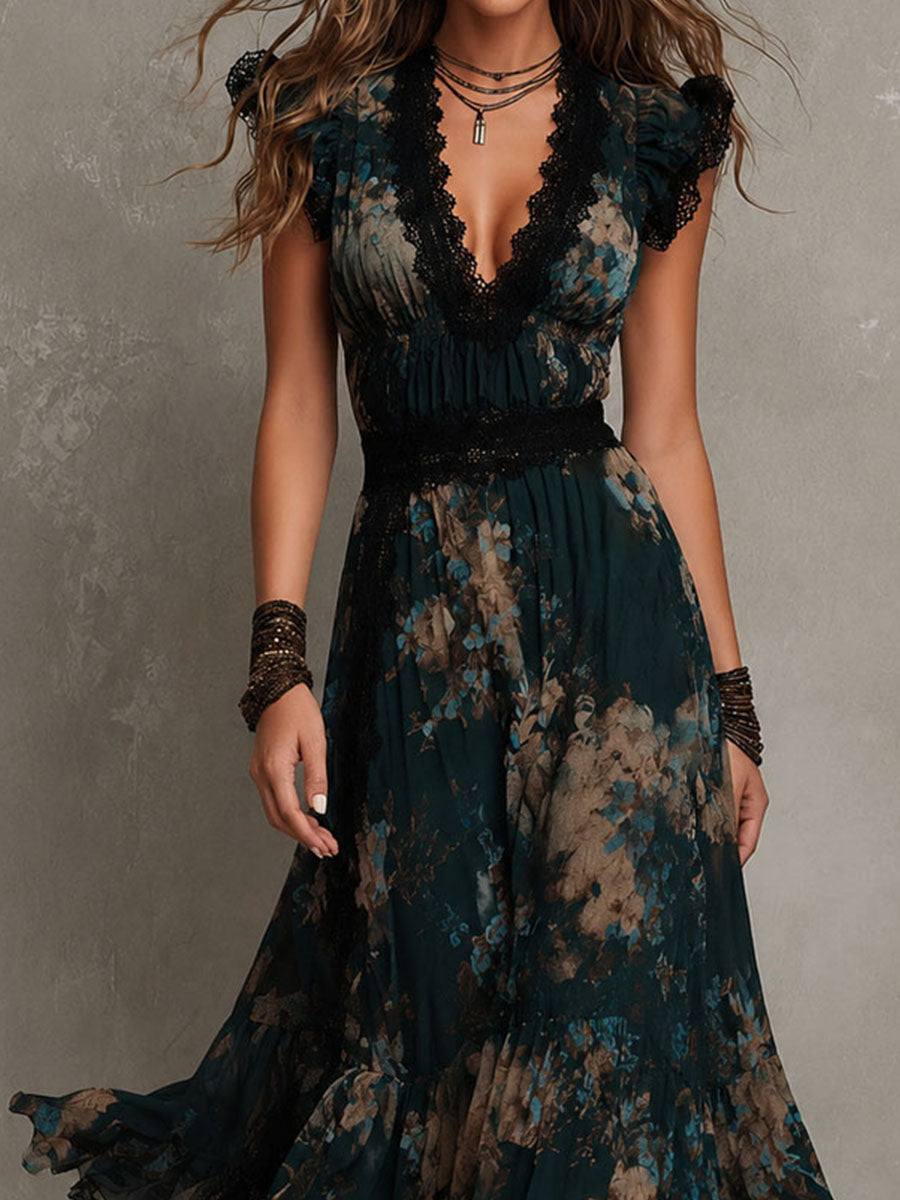 AMELIA | Vestido Maxi Floral de Volantes con Encaje