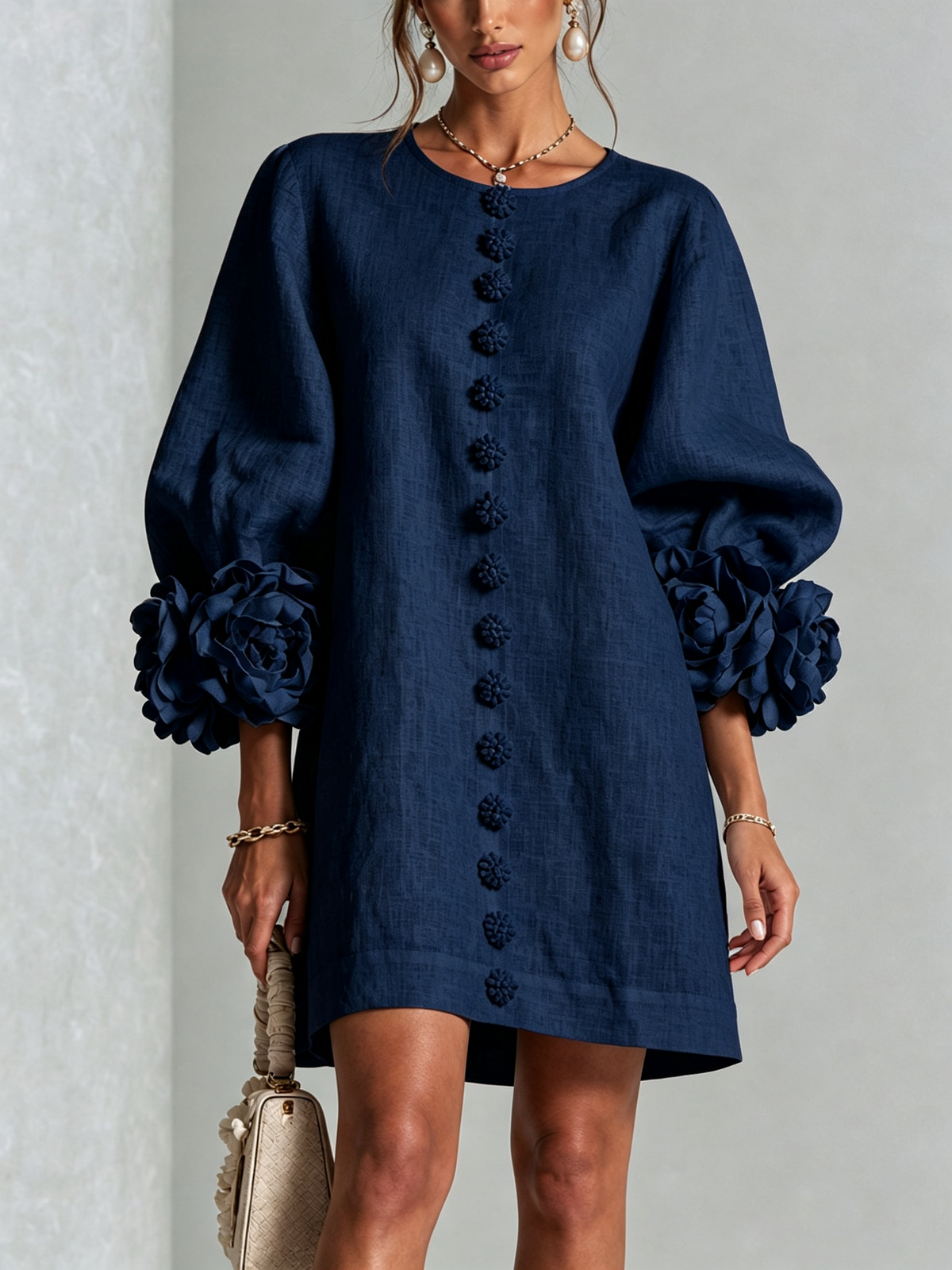 MARINA | Vestido Mini en Mezcla de Lino con Puños Anudados en Rosa, Azul Marino