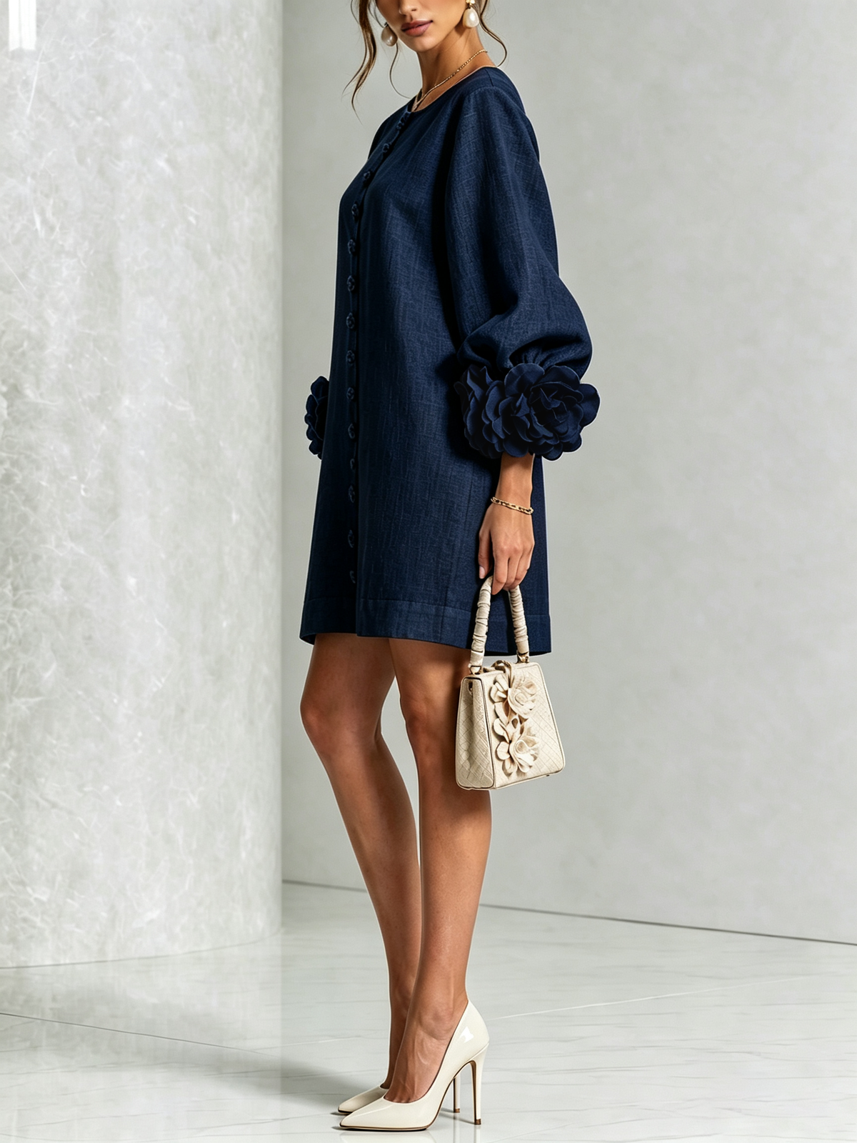 MARINA | Vestido Mini en Mezcla de Lino con Puños Anudados en Rosa, Azul Marino