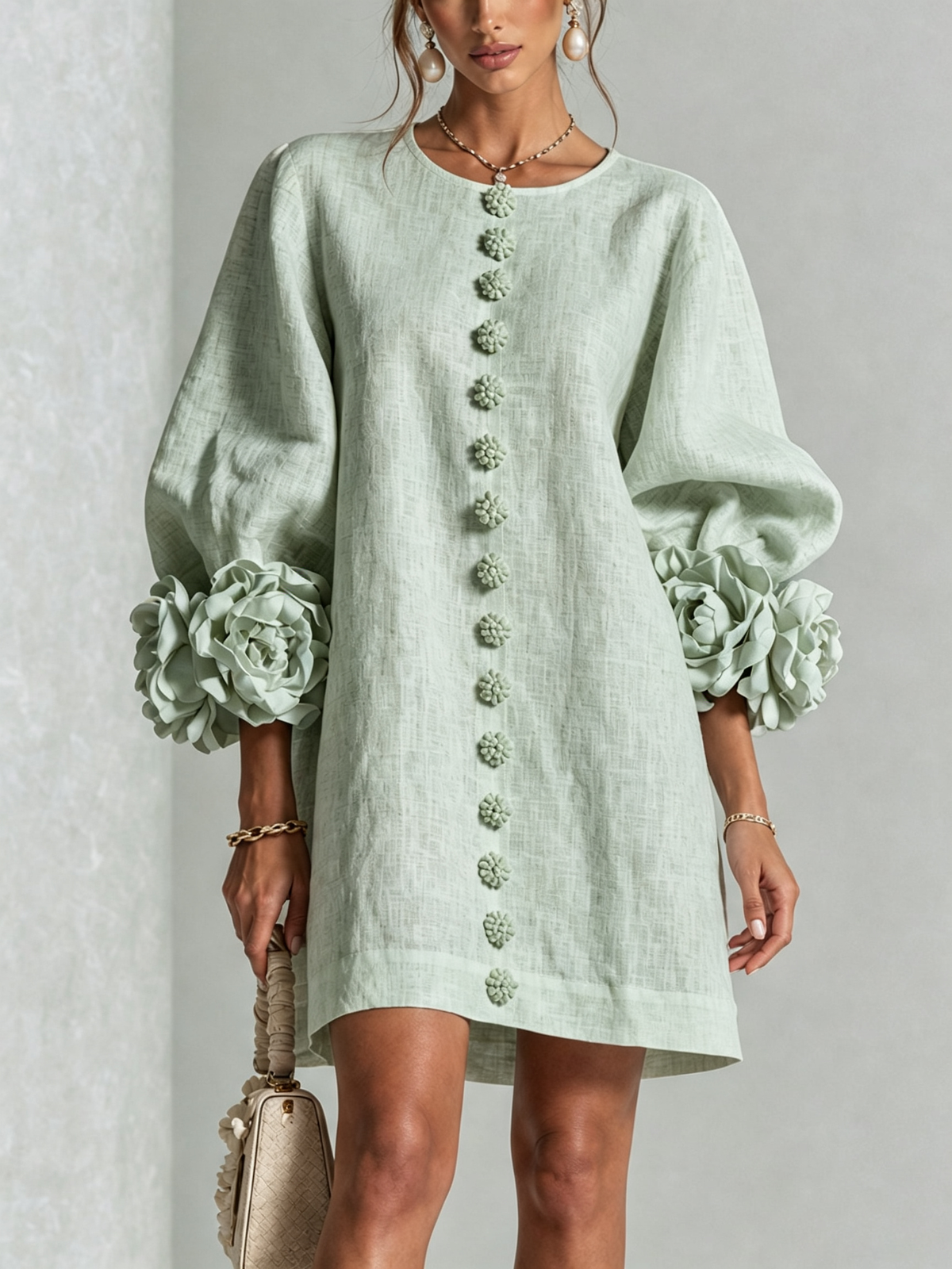 DELIA | Vestido Mini en Mezcla de Lino con Puños Anudados en Rosa, Verde Salvia