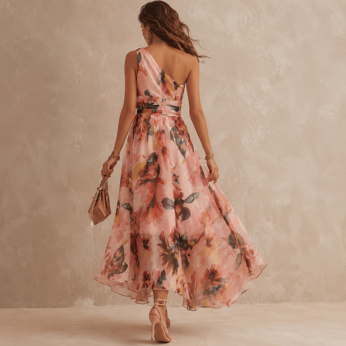 ANNALENA | Vestido Floral de Gasa con Un Hombro